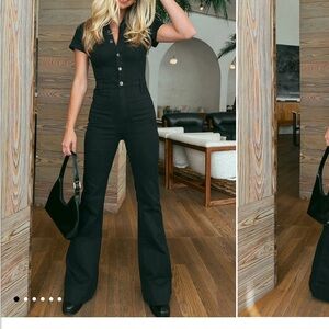 Black denim jumpsuit short sleeve button up new no tags but never worn SMALL